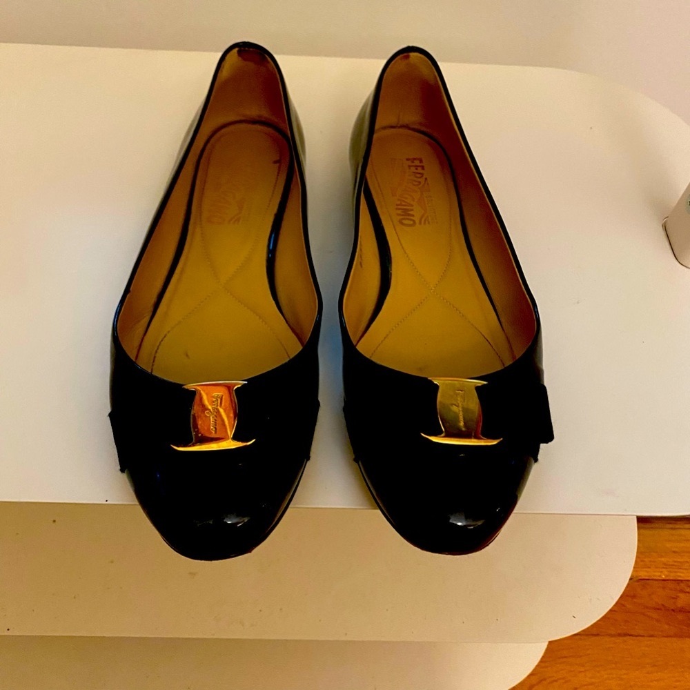 Salvatore Ferragamo patent leather Varina flats.